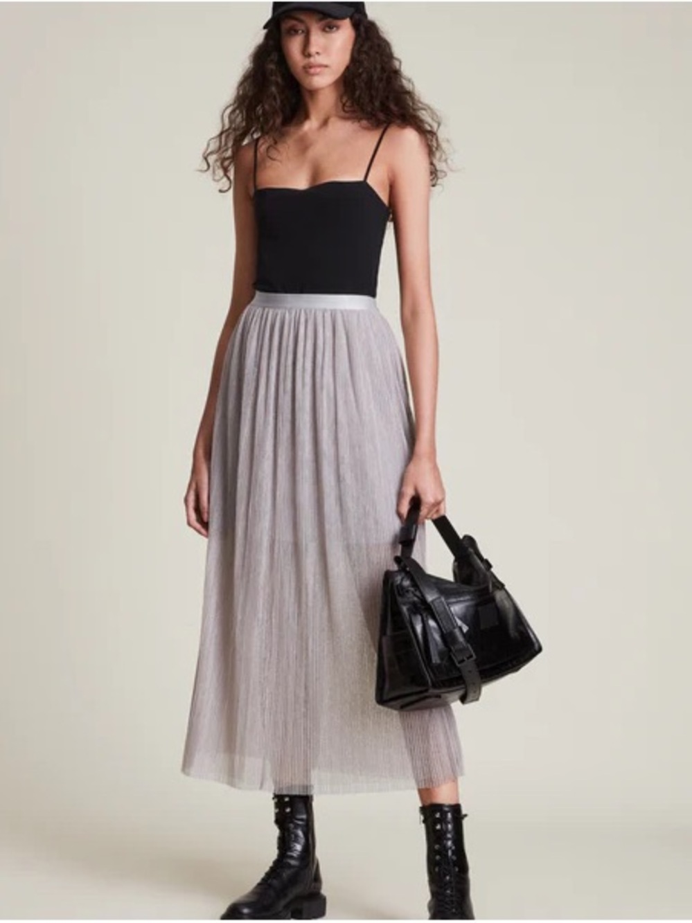 All Saints Light Gray Pleated Tulle Midi Skirt
